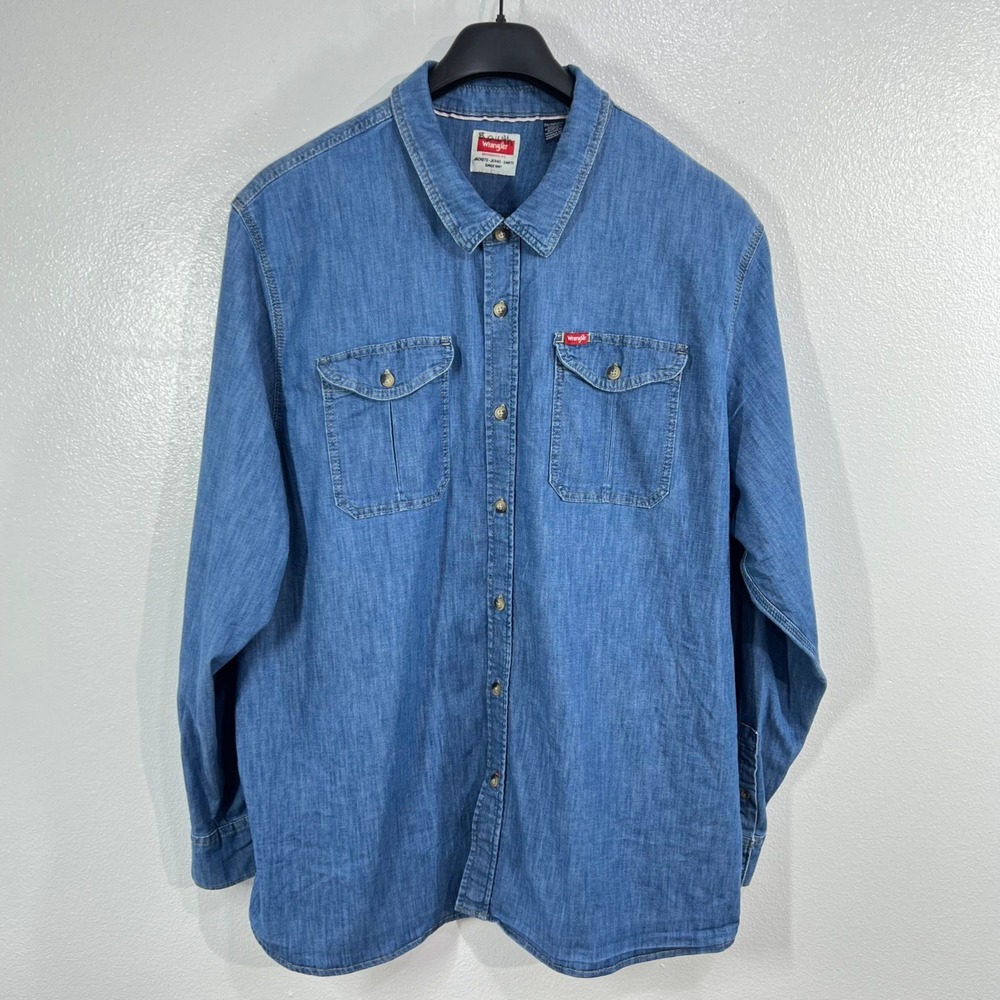 Wrangler Greensboro NC Denim Chambray Work Shirt Blue Two Pocket Men 3XL Utility